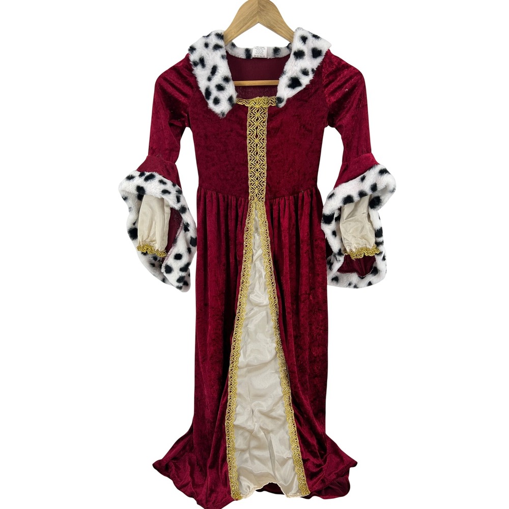 Dress Up America Girls Queen Costume Burgundy Velvet Dalmatian Fur Size M 8-10